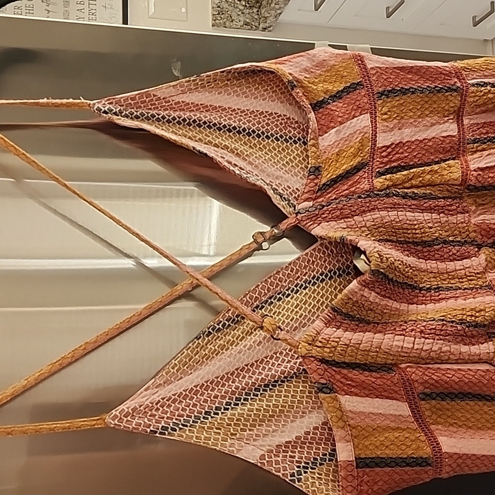 🥳 Roxy Women's Babydoll Dress - Orange/Brown  Beachy Striped Halter Babydoll XL - Picture 6 of 11